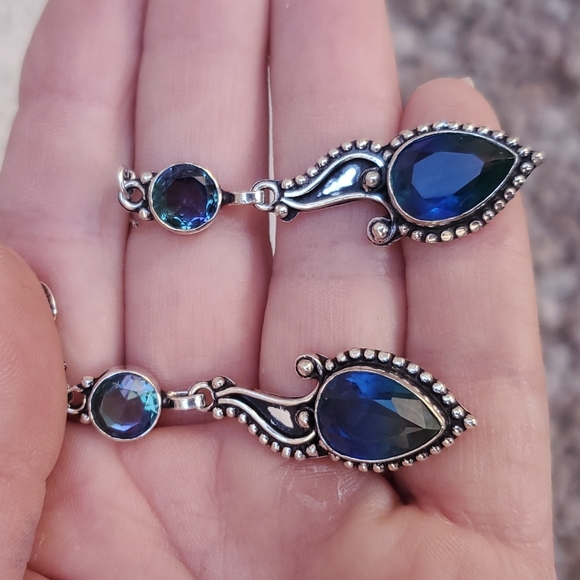 New Bi-Color Tourmaline & Blue Topaz 925 Silver Earrings. - Picture 9 of 15